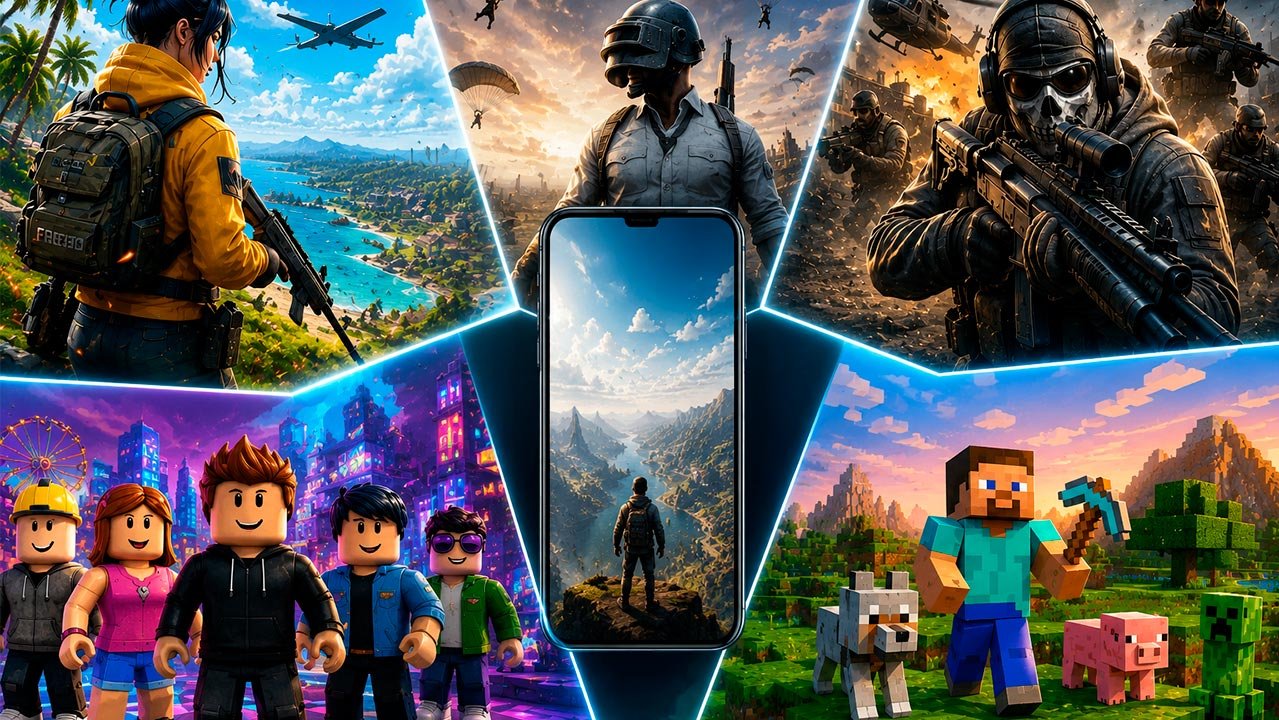 Mosaico ilustrando alguns dos jogos para celular mais populares de junho de 2026. A composição reúne cenários inspirados em jogos de Battle Royale, tiro, construção em blocos e criação de mundos, com um smartphone ao centro simbolizando a diversidade e a evolução dos games mobile. O visual limpo e moderno destaca diferentes estilos de gameplay sem elementos textuais, representando a ampla variedade de experiências disponíveis para os jogadores