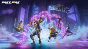 A imagem mostra personagens do Free Fire reunidos em uma cidade futurista iluminada por luzes em neon, acompanhados de um pet e efeitos visuais vibrantes. O cenário transmite ação e dinamismo, destacando o estilo moderno do jogo e a diversidade de personagens durante uma batalha urbana.