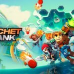A imagem promocional de Ratchet & Clank: Ranger Rumble destaca os principais personagens da franquia em uma intensa batalha futurista. Ratchet aparece em primeiro plano ao lado de Clank, empunhando uma arma de energia enquanto enfrenta diversos inimigos em um cenário tecnológico repleto de explosões, mísseis e efeitos visuais. Ao fundo, é possível ver uma arena futurista que representa o clima acelerado das partidas multiplayer do jogo, reforçando a proposta de combates dinâmicos, armas criativas e muita ação para dispositivos móveis