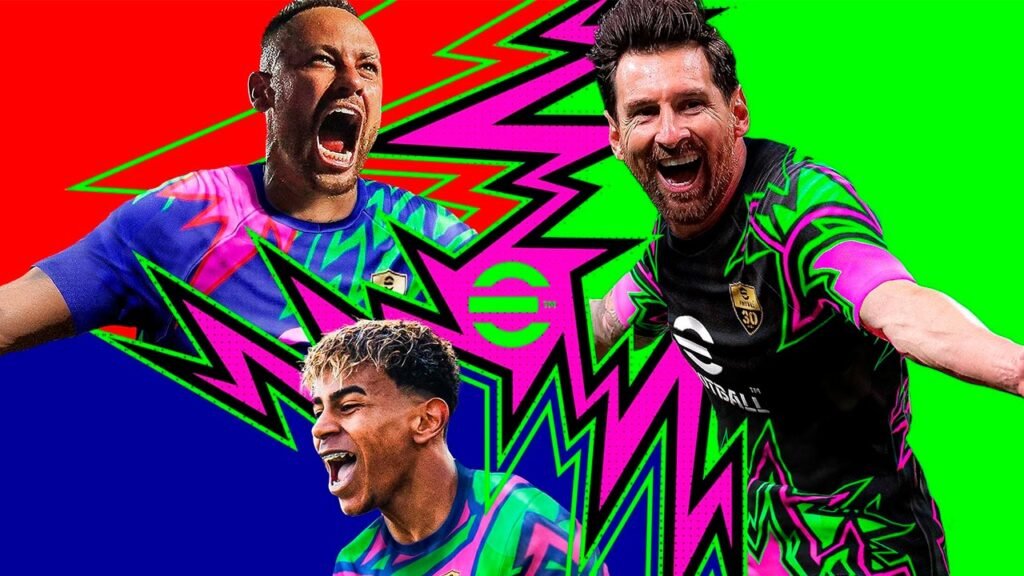 A imagem é uma arte promocional de um jogo de futebol, com três jogadores em destaque comemorando de forma intensa. O design utiliza cores vibrantes, como verde, rosa, vermelho e azul, além de elementos gráficos em formato de raios e um fundo dividido em blocos coloridos. No centro aparece o logotipo estilizado do jogo, reforçando o visual moderno e chamativo da campanha. O conjunto transmite uma sensação de energia, competição e emoção, típica de materiais de divulgação de jogos esportivos.