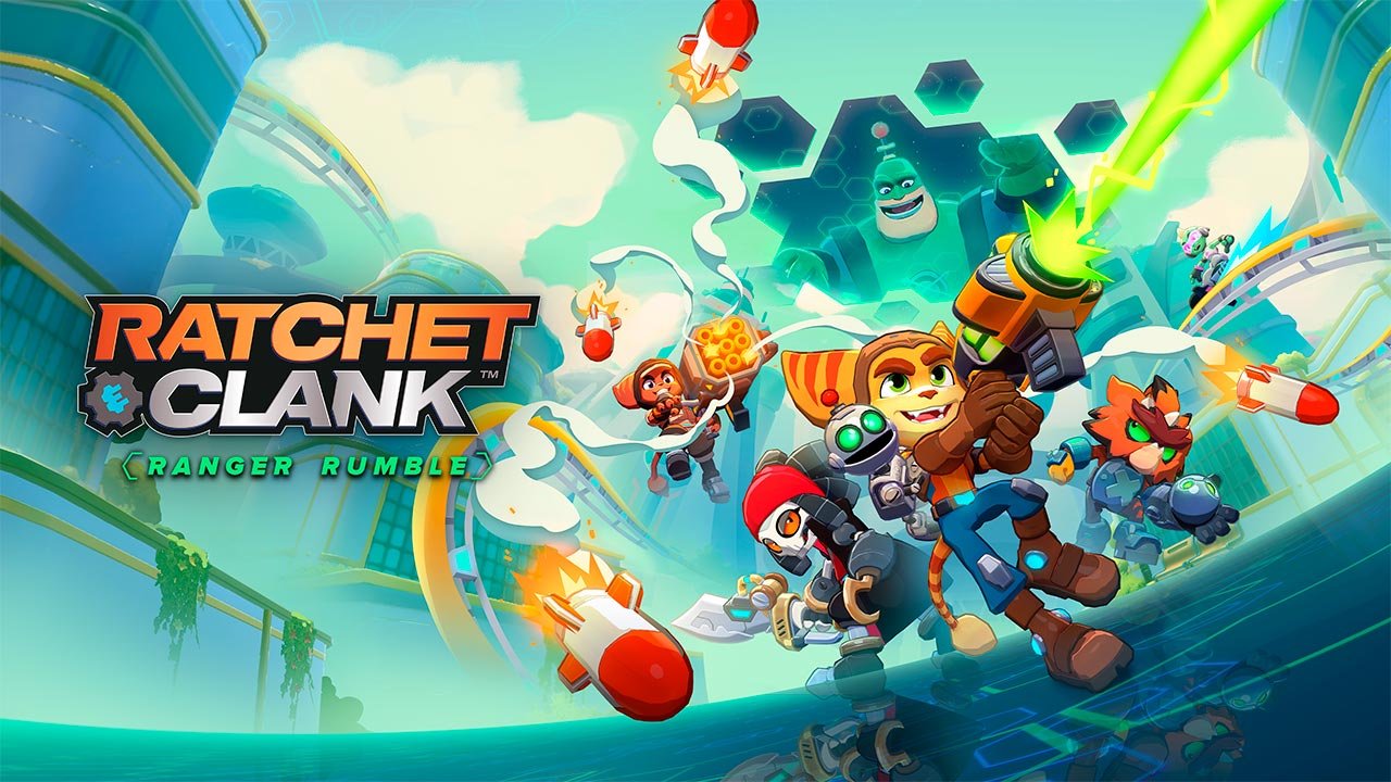 A imagem promocional de Ratchet & Clank: Ranger Rumble destaca os principais personagens da franquia em uma intensa batalha futurista. Ratchet aparece em primeiro plano ao lado de Clank, empunhando uma arma de energia enquanto enfrenta diversos inimigos em um cenário tecnológico repleto de explosões, mísseis e efeitos visuais. Ao fundo, é possível ver uma arena futurista que representa o clima acelerado das partidas multiplayer do jogo, reforçando a proposta de combates dinâmicos, armas criativas e muita ação para dispositivos móveis
