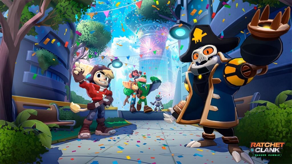 A imagem mostra um momento descontraído no universo de Ratchet & Clank: Ranger Rumble, com diversos personagens reunidos em uma cidade futurista durante uma celebração. Em destaque, um robô vestido de pirata aparece em primeiro plano, enquanto Ratchet, Clank e outros heróis comemoram ao fundo entre confetes e fogos de artifício. O cenário colorido reforça o estilo divertido e carismático do jogo, destacando a variedade de personagens e o visual vibrante que acompanha a experiência multiplayer