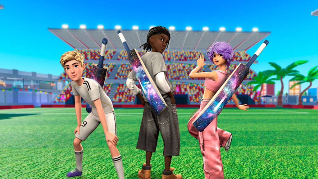 A imagem apresenta três avatares da Roblox em um estádio esportivo, cada um equipado com o novo Taco de Cricket Galáctico, acessório disponível no Mercado da plataforma. O item se destaca pelo visual futurista, com estampas inspiradas no espaço e cores vibrantes em tons de azul e roxo. A cena evidencia as opções de personalização de avatares oferecidas pela Roblox, mostrando como os jogadores podem combinar diferentes estilos e acessórios exclusivos para criar personagens únicos enquanto exploram as diversas experiências disponíveis na plataforma.