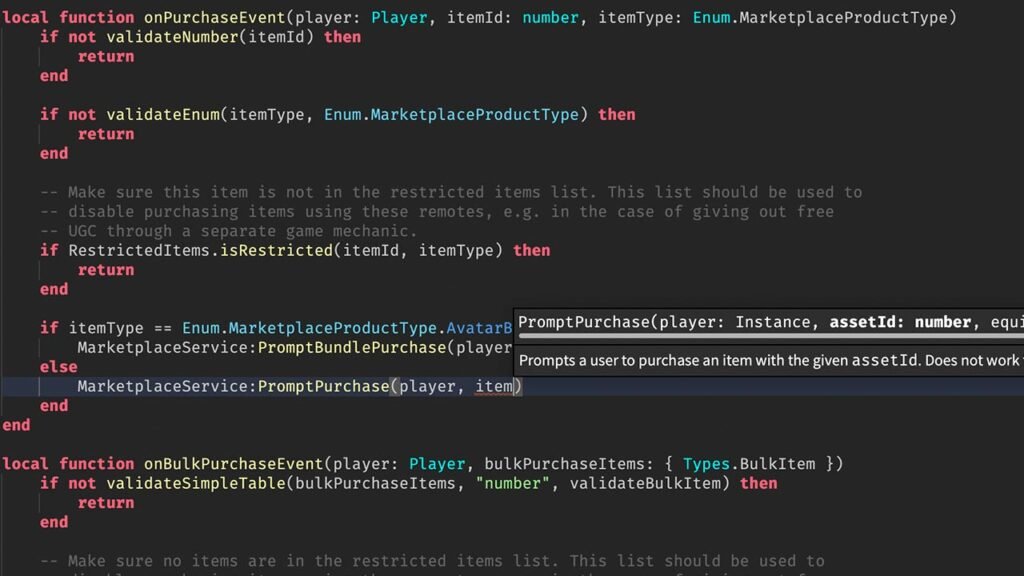 Captura de tela do editor de scripts do Roblox Studio, exibindo um código em Lua (Luau) responsável por gerenciar compras de itens utilizando o MarketplaceService. A imagem destaca a função PromptPurchase, utilizada para abrir a janela de compra de um item para o jogador dentro do jogo.