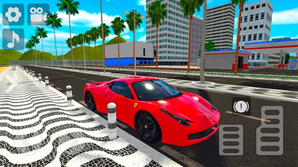 A imagem mostra um esportivo de luxo vermelho circulando pela orla de uma cidade inspirada no litoral brasileiro em Carros Socados Brasil 2. Ao fundo, é possível observar a praia, coqueiros, prédios e uma ampla avenida, evidenciando o mapa de mundo aberto do jogo. A cena destaca a qualidade visual da remasterização, a variedade de veículos disponíveis e a liberdade para explorar diferentes ambientes enquanto dirige.