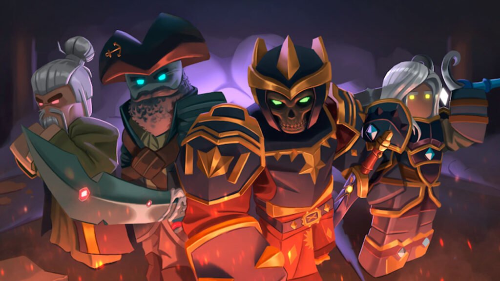 A imagem mostra personagens do RPG Vesteria, uma das experiências de fantasia mais populares da Roblox. A cena destaca um grupo de guerreiros e aventureiros equipados com armaduras, espadas e armas medievais, incluindo um cavaleiro de aparência sombria ao centro, um pirata e outros heróis preparados para enfrentar desafios. Com um ambiente escuro e repleto de efeitos de iluminação, a arte representa o clima de exploração, combate e evolução de personagens presente no jogo, onde os jogadores podem escolher diferentes classes, enfrentar monstros poderosos e embarcar em grandes aventuras em um vasto mundo de fantasia.