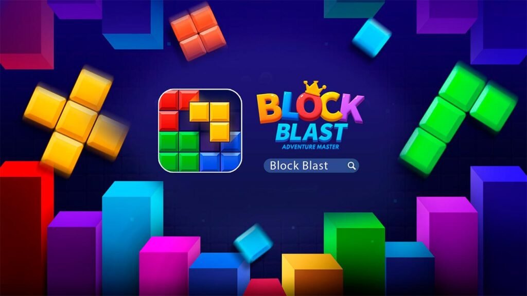 A imagem é uma arte promocional do jogo Block Blast!, com o logotipo do jogo em destaque no centro sobre um fundo azul-escuro. Ao redor aparecem blocos coloridos em diferentes formatos, representando a mecânica de encaixe do quebra-cabeça. O visual utiliza cores vibrantes e efeitos de profundidade, transmitindo uma sensação de diversão, estratégia e desafio, características marcantes do estilo puzzle.