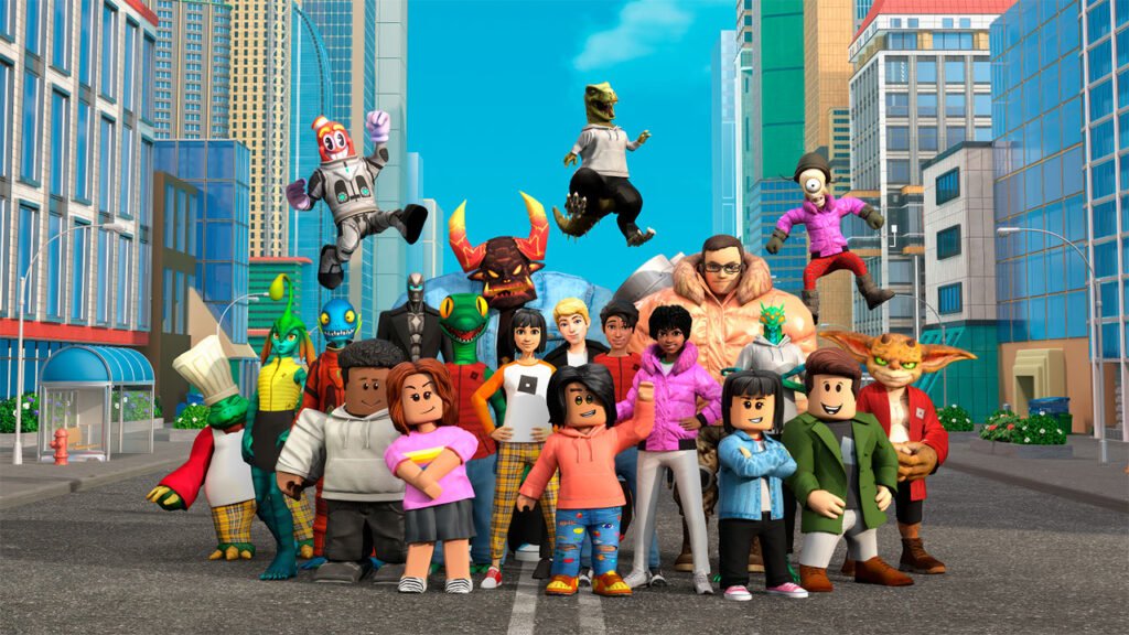 A imagem reúne uma grande variedade de avatares e personagens da Roblox, destacando a diversidade de estilos e experiências disponíveis na plataforma. Em um cenário urbano, personagens humanos, criaturas fantásticas, monstros, robôs e figuras inspiradas em diferentes gêneros de jogos aparecem lado a lado, representando a criatividade e a liberdade de personalização oferecidas aos jogadores. A composição transmite a ideia de que a Roblox é um universo onde diferentes mundos, aventuras e comunidades se encontram, permitindo explorar milhões de experiências criadas por desenvolvedores de todo o mundo.