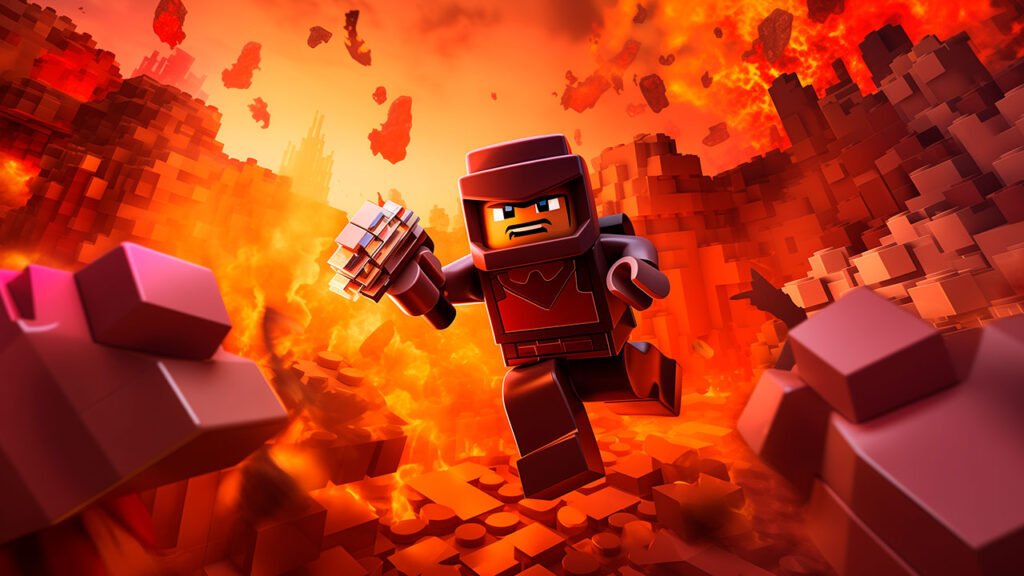 A imagem mostra um personagem da Roblox correndo por um cenário completamente devastado, cercado por lava, fogo e grandes blocos de rocha em meio a uma intensa destruição. Com uma enorme marreta nas mãos e expressão determinada, o avatar parece enfrentar um ambiente repleto de perigos enquanto tenta sobreviver ao caos. A cena destaca o estilo criativo da plataforma, representando as diversas experiências de ação, sobrevivência e aventura disponíveis na Roblox, onde os jogadores podem explorar mapas desafiadores, enfrentar obstáculos e viver missões cheias de adrenalina.