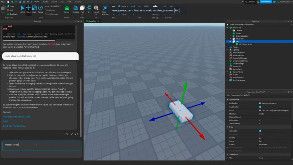 Captura de tela do Roblox Studio mostrando o Assistente de IA integrado à plataforma. Na imagem, o usuário solicita a criação de um bloco de lava, enquanto a inteligência artificial responde com instruções e sugestões para configurar materiais e propriedades do objeto diretamente no ambiente de desenvolvimento.