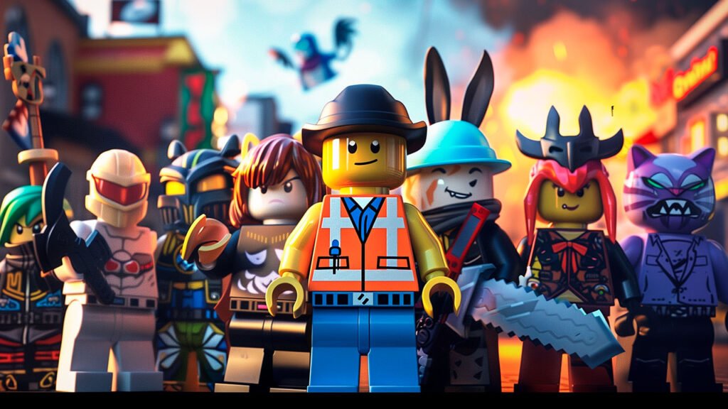 A imagem reúne diversos personagens inspirados no universo da Roblox, cada um com um visual único que representa diferentes estilos de jogo e aventuras disponíveis na plataforma. No centro, um avatar usando colete refletivo e chapéu aparece em destaque, cercado por personagens que lembram guerreiros, ninjas, robôs, criaturas fantásticas e heróis. Ao fundo, um cenário urbano com explosões e efeitos de ação reforça o clima de aventura e combate. A composição representa a enorme diversidade de experiências oferecidas pela Roblox, onde os jogadores podem explorar mundos criativos, enfrentar desafios, personalizar seus avatares e participar de jogos dos mais variados gêneros.