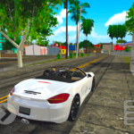A imagem mostra um conversível esportivo branco circulando por uma área residencial inspirada em cidades brasileiras em Carros Socados Brasil 2. Com a capota aberta, o veículo percorre ruas arborizadas cercadas por casas, comércios e avenidas, destacando o mundo aberto do jogo e a liberdade para explorar diferentes regiões utilizando diversos tipos de veículos.