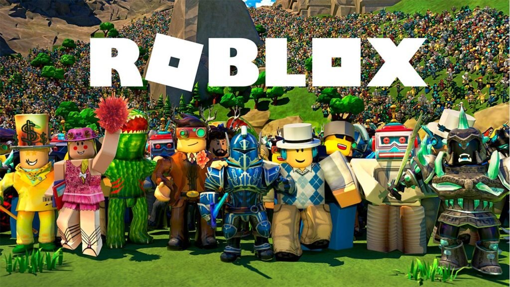 Imagem promocional do Roblox mostrando diversos personagens com estilos e acessórios variados reunidos em um grande cenário ao ar livre. Ao centro, destaca-se o logotipo do Roblox, representando a diversidade de avatares e a ampla comunidade presente na plataforma.