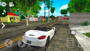 A imagem mostra um conversível esportivo branco circulando por uma área residencial inspirada em cidades brasileiras em Carros Socados Brasil 2. Com a capota aberta, o veículo percorre ruas arborizadas cercadas por casas, comércios e avenidas, destacando o mundo aberto do jogo e a liberdade para explorar diferentes regiões utilizando diversos tipos de veículos.
