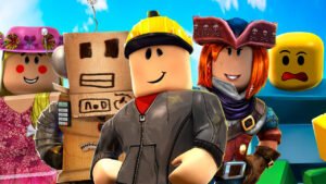A imagem reúne diversos avatares clássicos e populares da Roblox, destacando a grande variedade de estilos de personagens disponíveis na plataforma. No centro, um avatar usando capacete amarelo e moletom cinza aparece em destaque, cercado por outros personagens com visuais únicos, incluindo uma pirata, um robô de papelão, uma personagem com chapéu florido e rostos clássicos que marcaram a história da Roblox. Ao fundo, um céu azul vibrante reforça o clima divertido e criativo, representando a diversidade, a personalização de avatares e o universo cheio de possibilidades que a plataforma oferece aos jogadores.