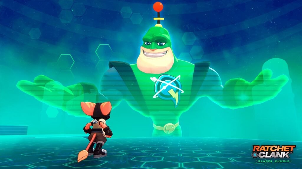 A imagem mostra Ratchet diante de uma gigantesca projeção holográfica do Capitão Qwark, que parece apresentar uma missão ou orientar o treinamento dos futuros Rangers Galácticos. O cenário tecnológico e futurista reforça a narrativa do jogo, destacando o início da jornada dos personagens e a atmosfera de aventura que envolve Ratchet & Clank: Ranger Rumble.