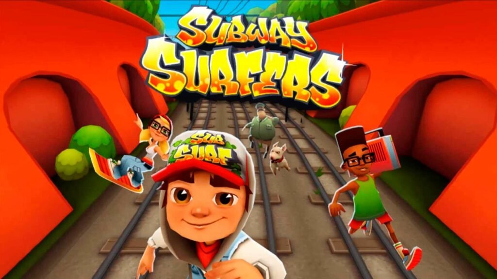 A imagem mostra uma arte promocional do jogo Subway Surfers. Em destaque está o personagem principal correndo sobre os trilhos do trem, acompanhado de outros personagens ao fundo, enquanto um guarda e seu cachorro o perseguem. Na parte superior aparece o logotipo do jogo, e o cenário colorido transmite uma sensação de velocidade, aventura e diversão, características marcantes do estilo endless runner.